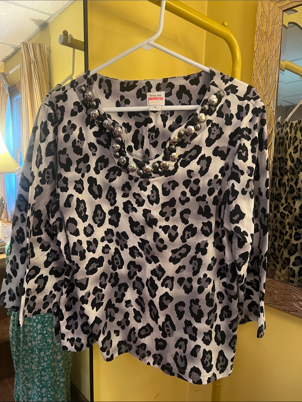 Ruby Rd. Black & White Leopard Print Beaded Neck Blouse